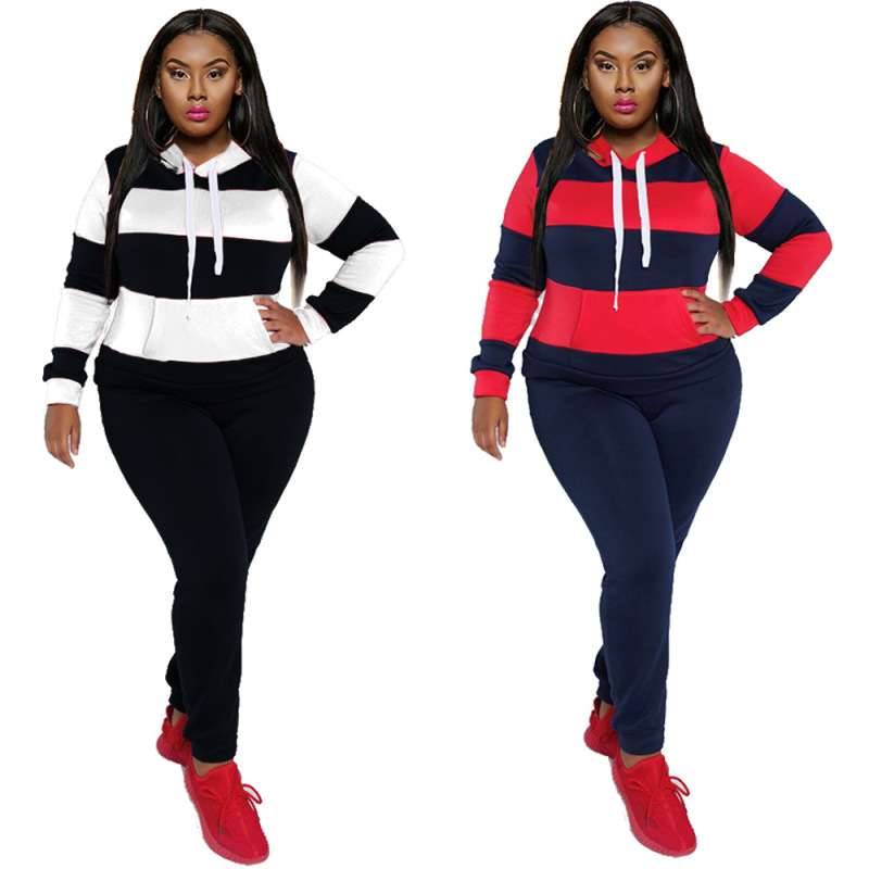 Plus Size Colorblock Hoodies Two Piece Set
