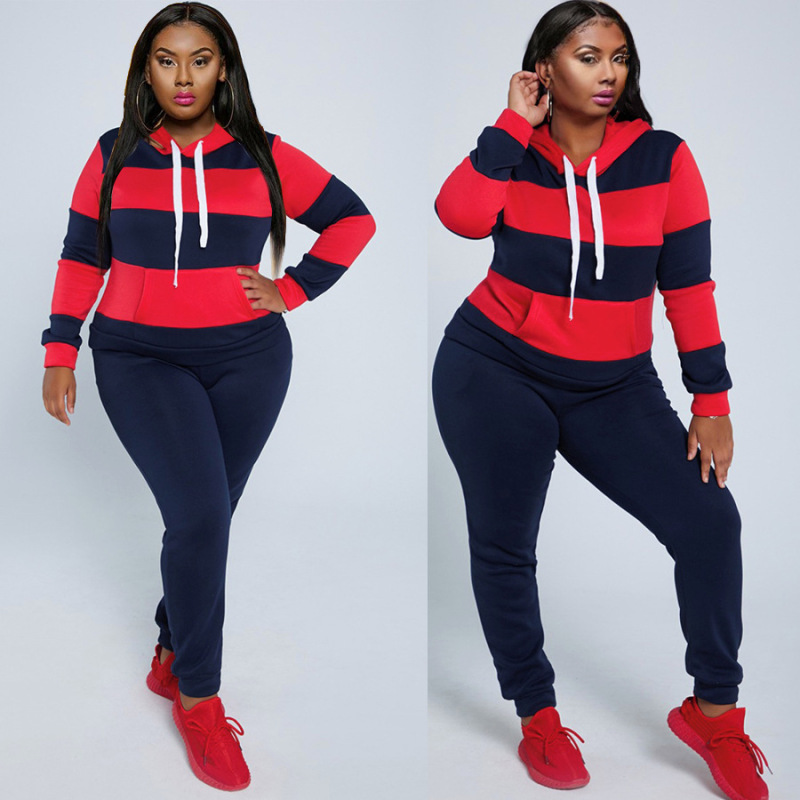 Plus Size Colorblock Hoodies Two Piece Set