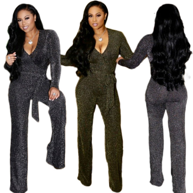 Deep V-Neck Shining Jumpsuit