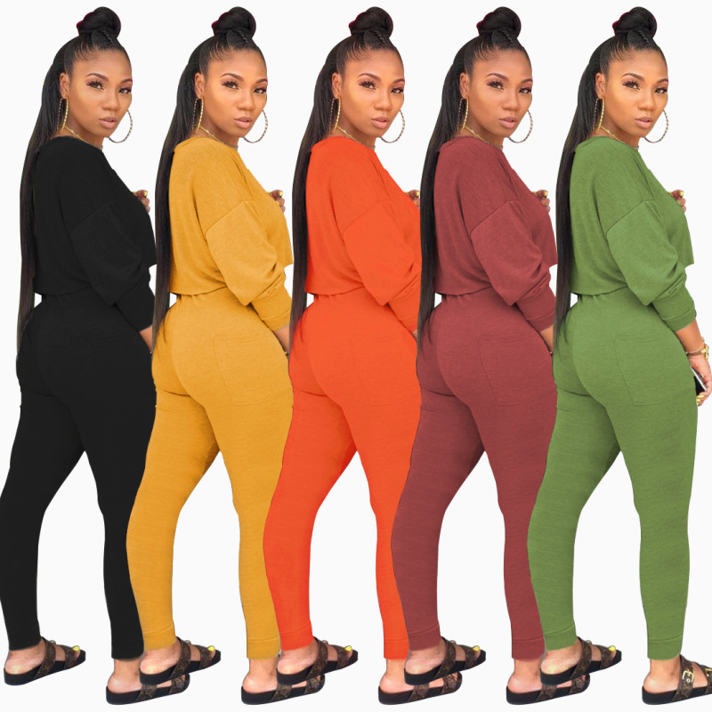 Solid Color O-neck Two Piece Set