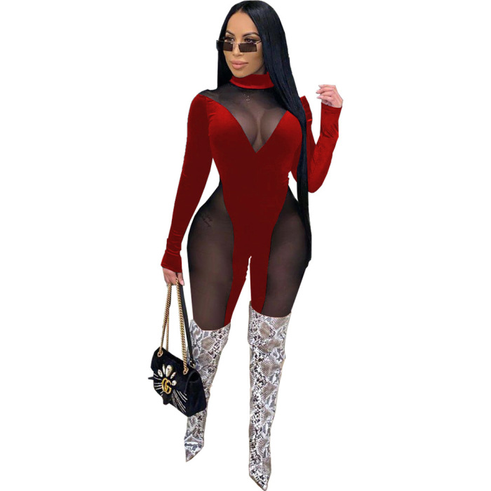 Sexy Mesh Patchwork Long Sleeve Jumpsuit