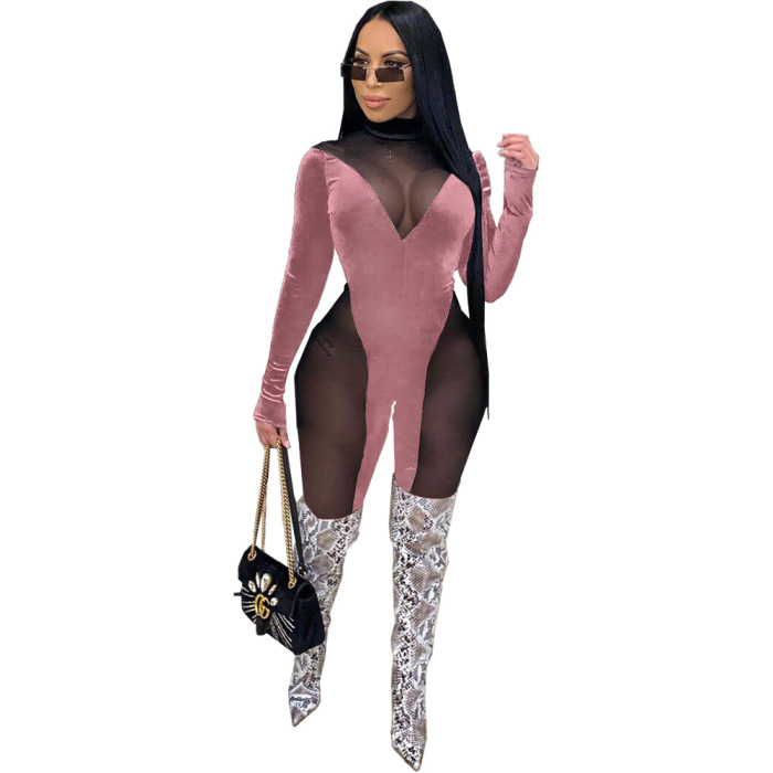 Sexy Mesh Patchwork Long Sleeve Jumpsuit
