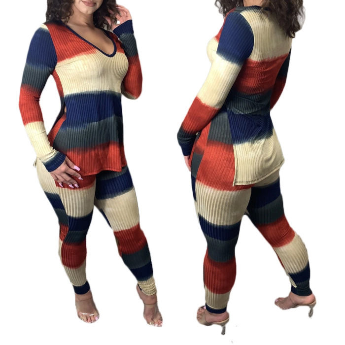 Colorblock V Neck Long Sleeve Two Pieces Outfit