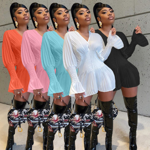 Solid Color V-Neck Women Causal Dress