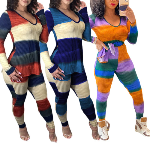 Colorblock V Neck Long Sleeve Two Pieces Outfit