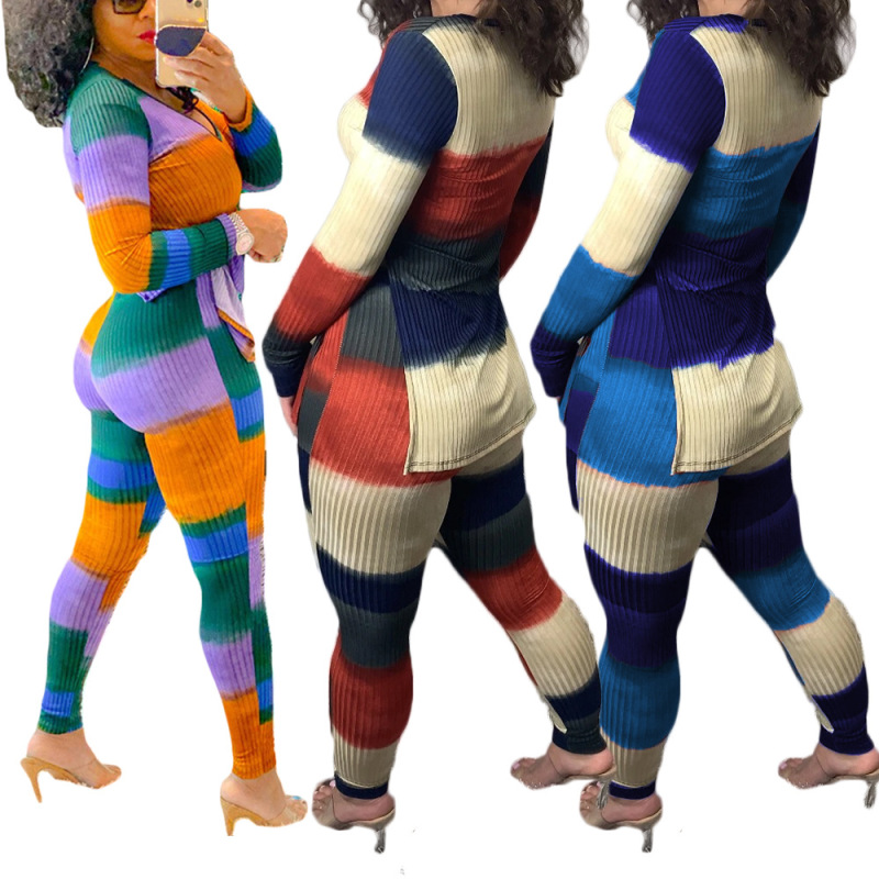 Colorblock V Neck Long Sleeve Two Pieces Outfit