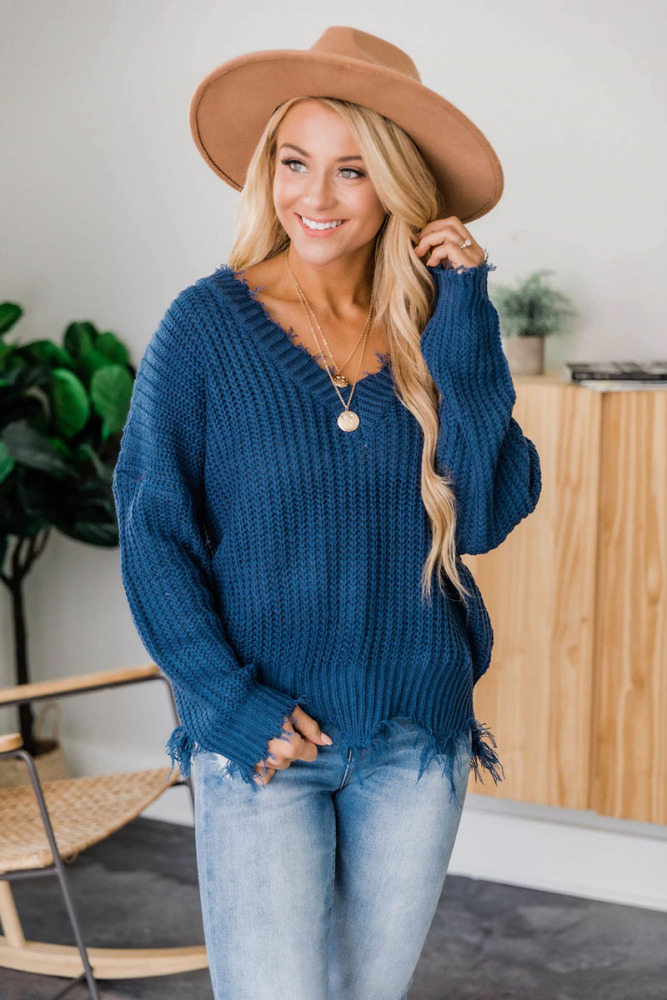 V-Neck Solid Color Sweater Top