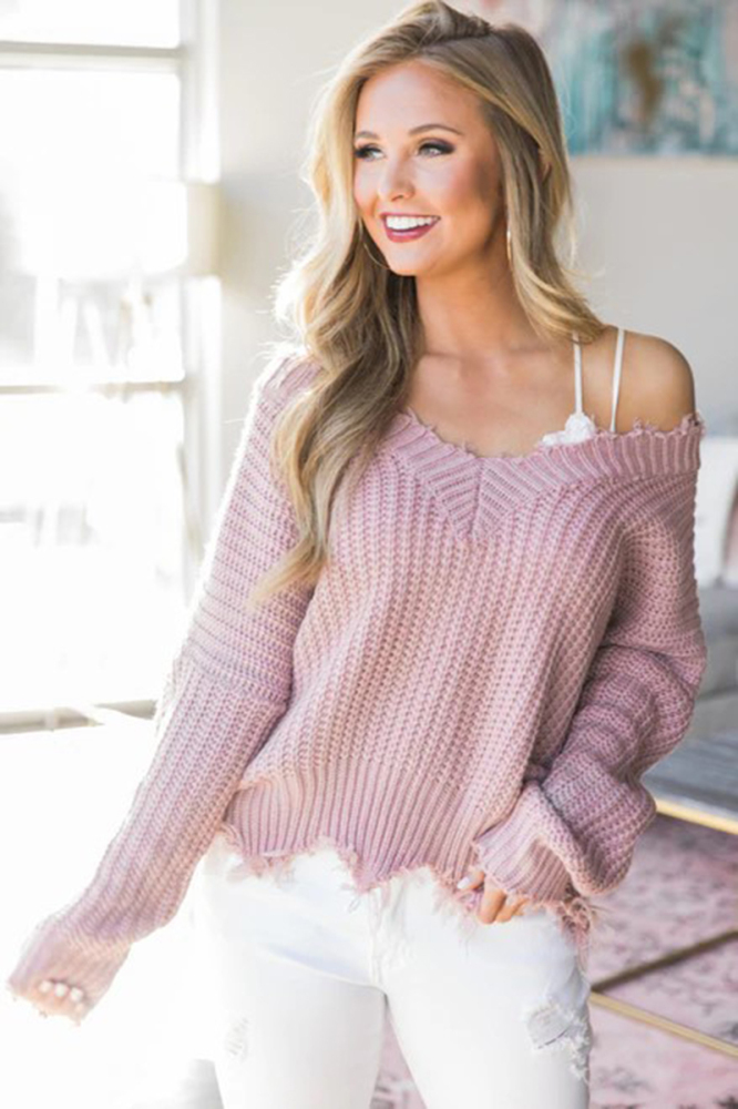 V-Neck Solid Color Sweater Top