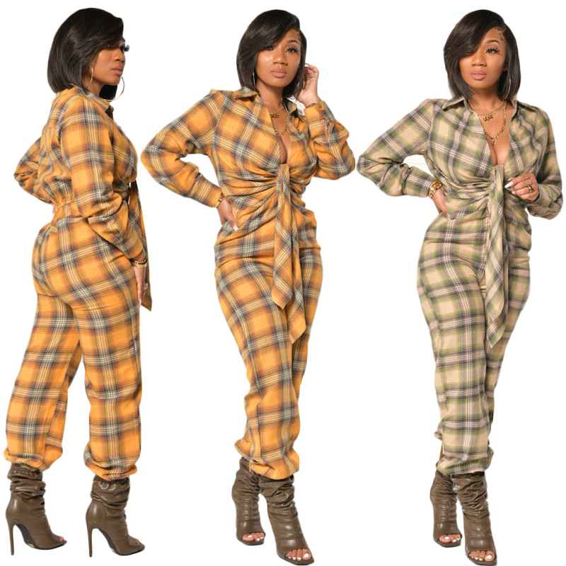 Turn-down Collar Grid Jumpsuits