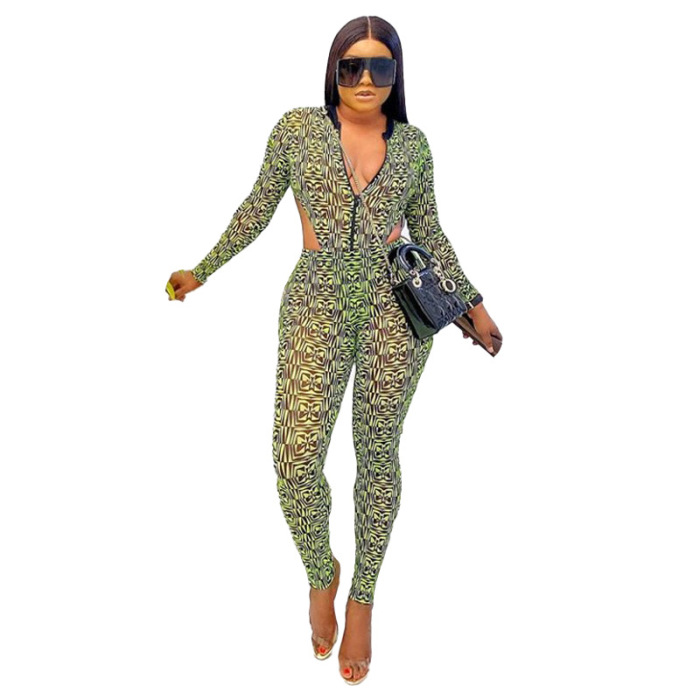 Printing See Through Waist Hollow Out Jumpsuits 