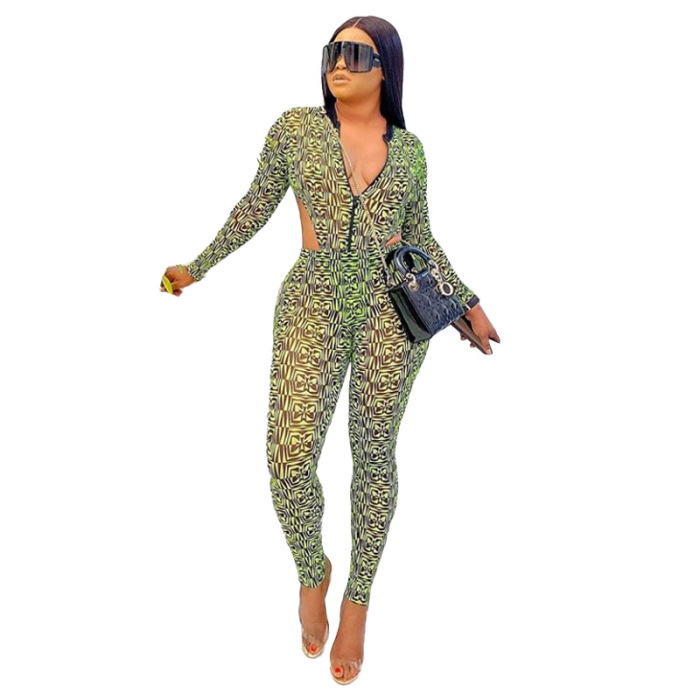 Printing See Through Waist Hollow Out Jumpsuits 