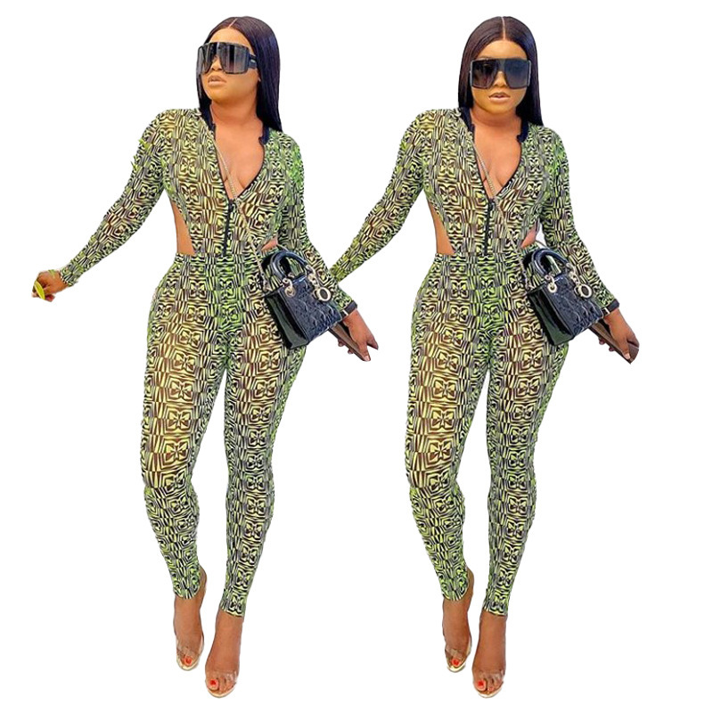 Printing See Through Waist Hollow Out Jumpsuits 