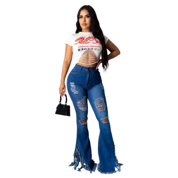 Fashion Ripped Fringed Flared Jeans