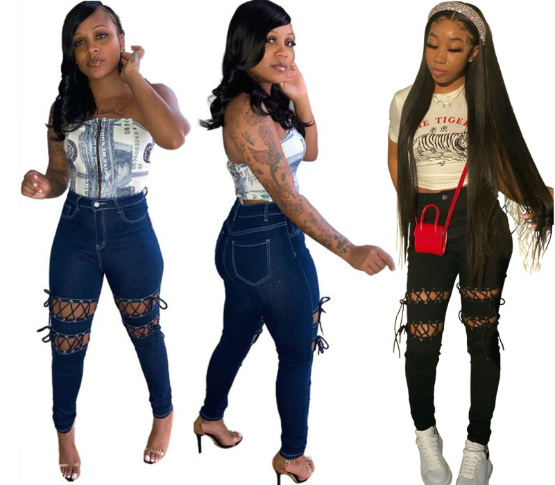 Hot Selling Slim-fit Hole Strappy Sexy Jeans