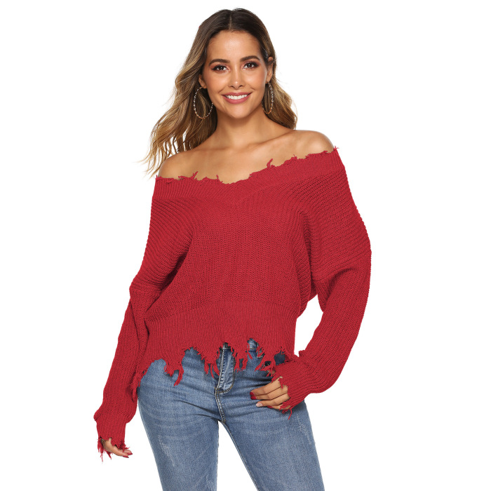 Solid Color V-Neck Sweater Tops