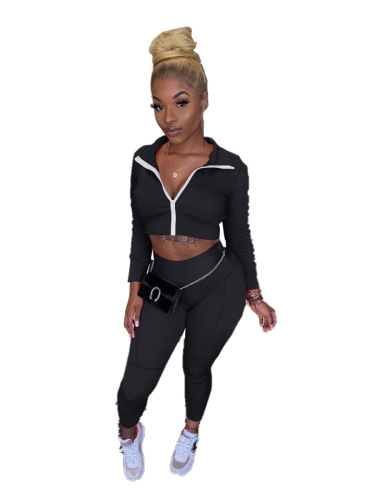 Solid Color Long Sleeve Sporty Suit Two pieces Set