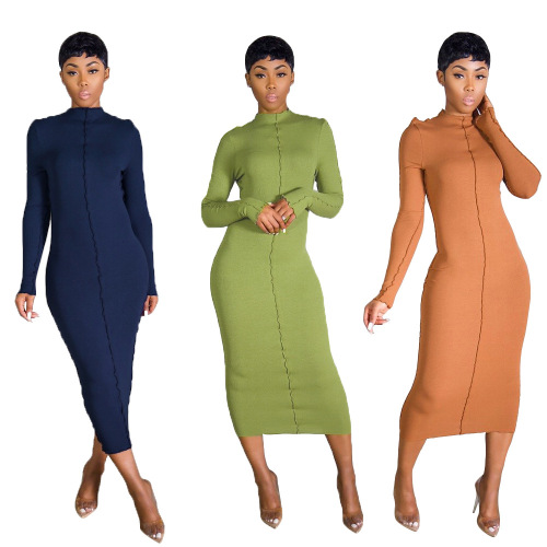 Solid Color Long Sleeve Sweater Dress
