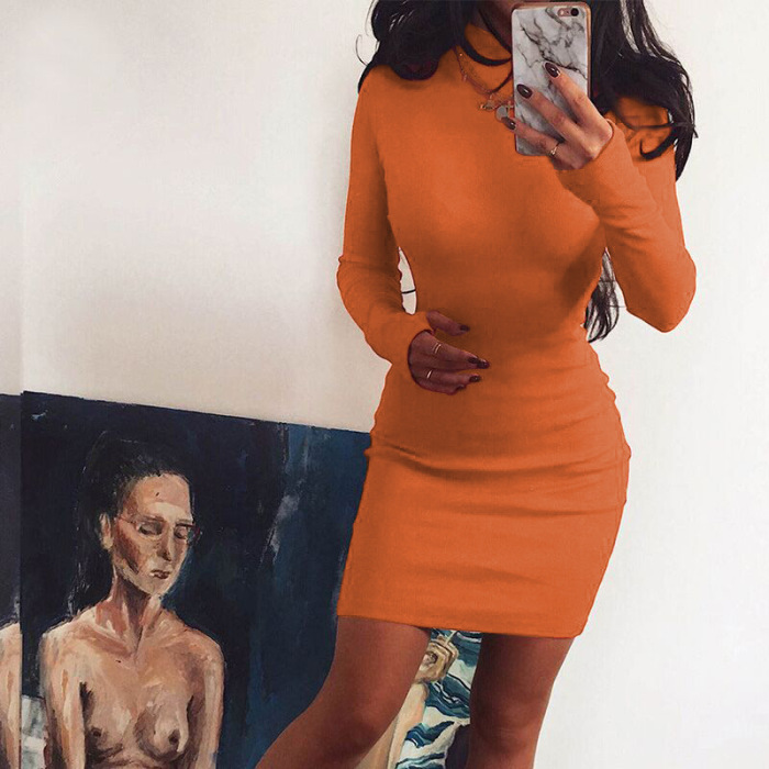 New Style Long-sleeved Bottom Skirt Solid Color High Collar Sexy Dress