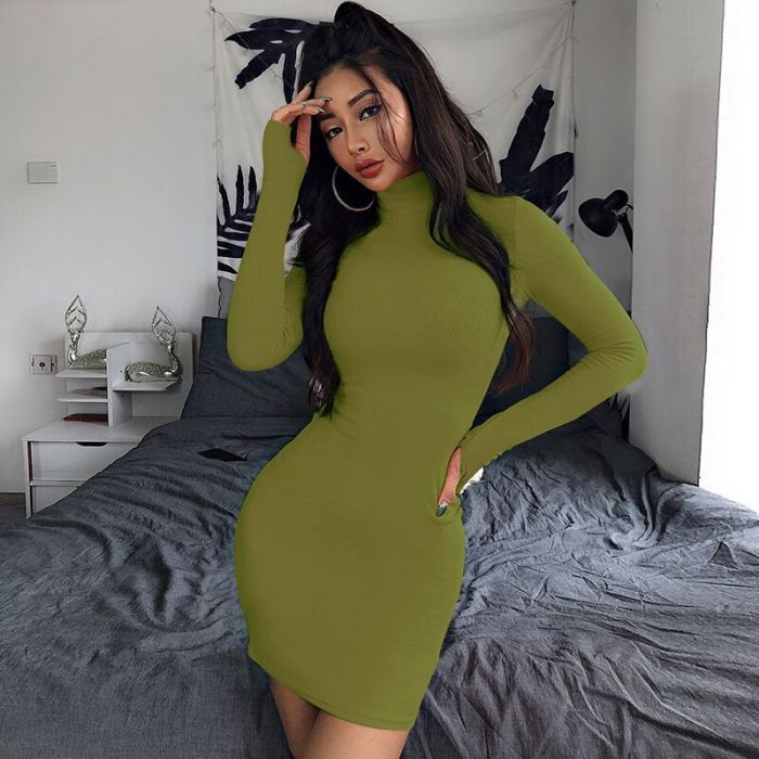 New Style Long-sleeved Bottom Skirt Solid Color High Collar Sexy Dress
