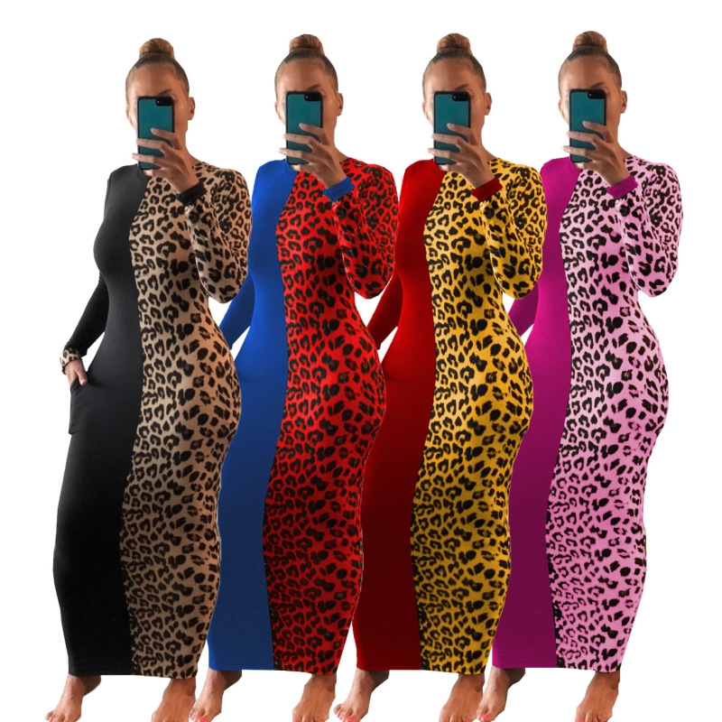 Fashion Long Sleeve Leopard Colorblock Long Dress