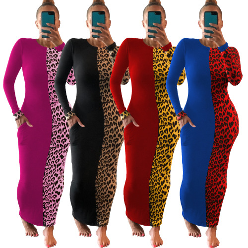 Fashion Long Sleeve Leopard Colorblock Long Dress