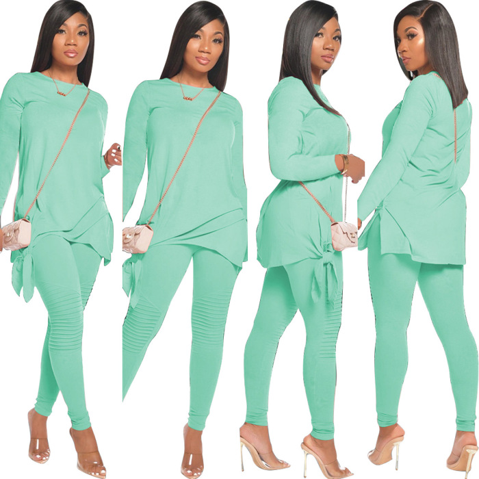 Solid Color Long Sleeve Casual Two Piece Set 