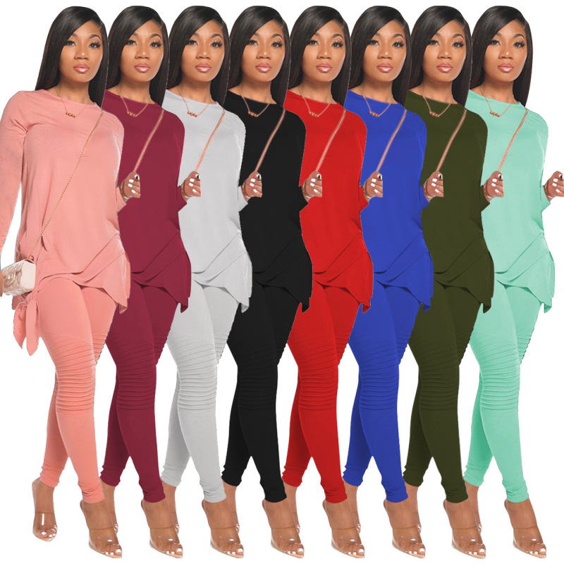Solid Color Long Sleeve Casual Two Piece Set 