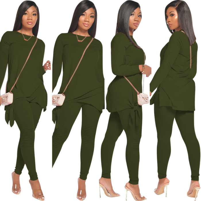 Solid Color Long Sleeve Casual Two Piece Set 
