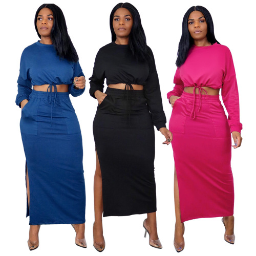 O-Neck Solid Color Long Sleeve Casual Two Piece Set