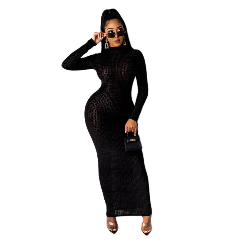 Turtleneck Print Slim One Piece Dress