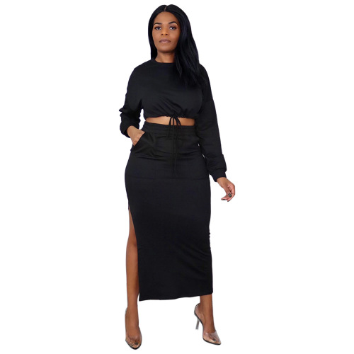 O-Neck Solid Color Long Sleeve Casual Two Piece Set