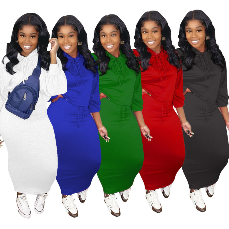 Solid Color Hoodies Long Dress Two pieces Outfit