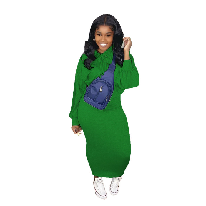 Solid Color Hoodies Long Dress Two pieces Outfit