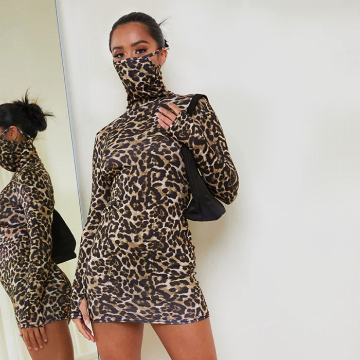 Mask Style Hedging Temperament Commuter Leopard Print Slim Mid-waist Long-sleeved Women Short Dress 