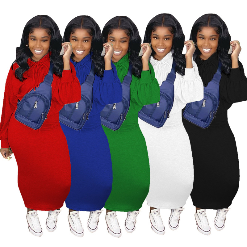 Solid Color Hoodies Long Dress Two pieces Outfit