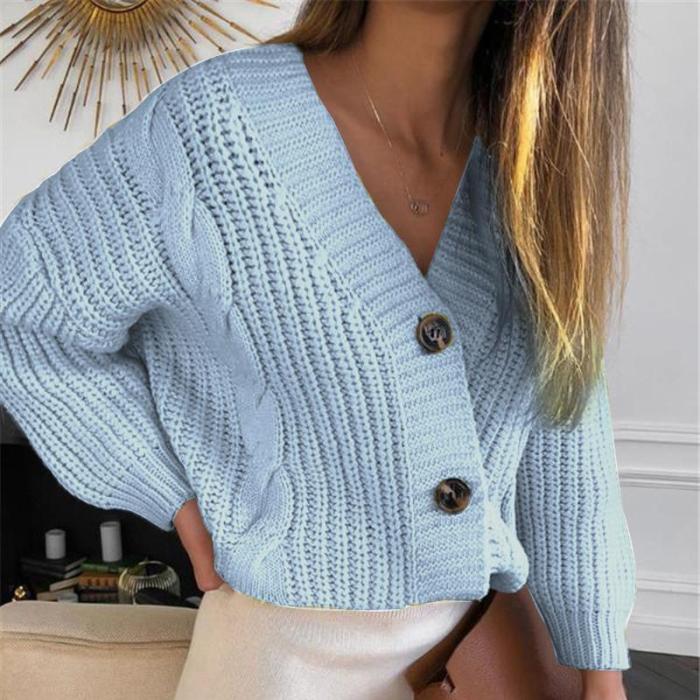 Casual Long-sleeved Button Sweater Cardigan Jacket Women Loose Thick Wool Twist Knit Sweater