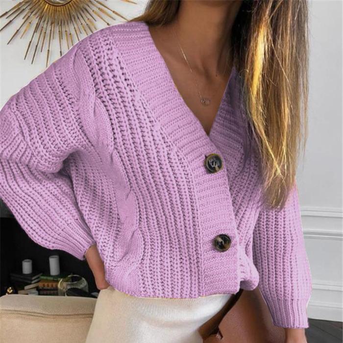 Casual Long-sleeved Button Sweater Cardigan Jacket Women Loose Thick Wool Twist Knit Sweater