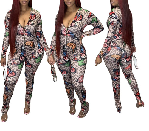 Fashion Butterflies Printing Sexy Jumpsuit
