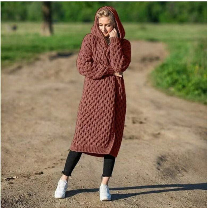 Keep Warm In Autumn And winter, Solid Color Fashion Women's Long Knitted Sweater Hooded Cardigan Jacket