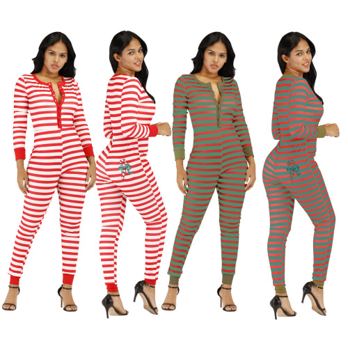 Striped Printing Embroidered Christmas Jumpsuit