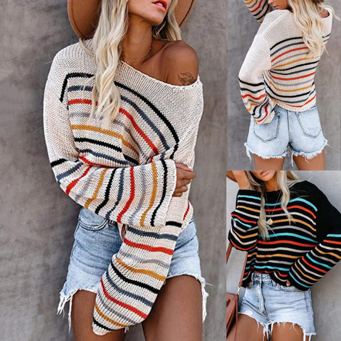 New Product Colorful Striped Sweater Women's Fall Fashion One-Neck Off Shoulder Sweater