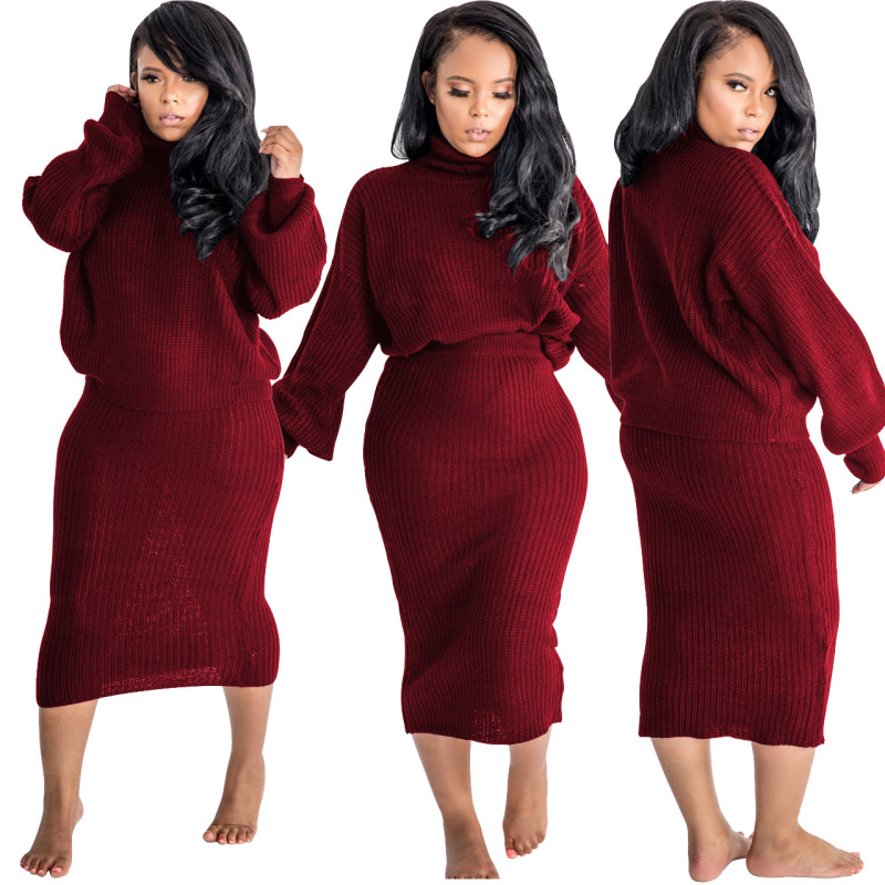 High Neck Women Sweater Two Piece Dress