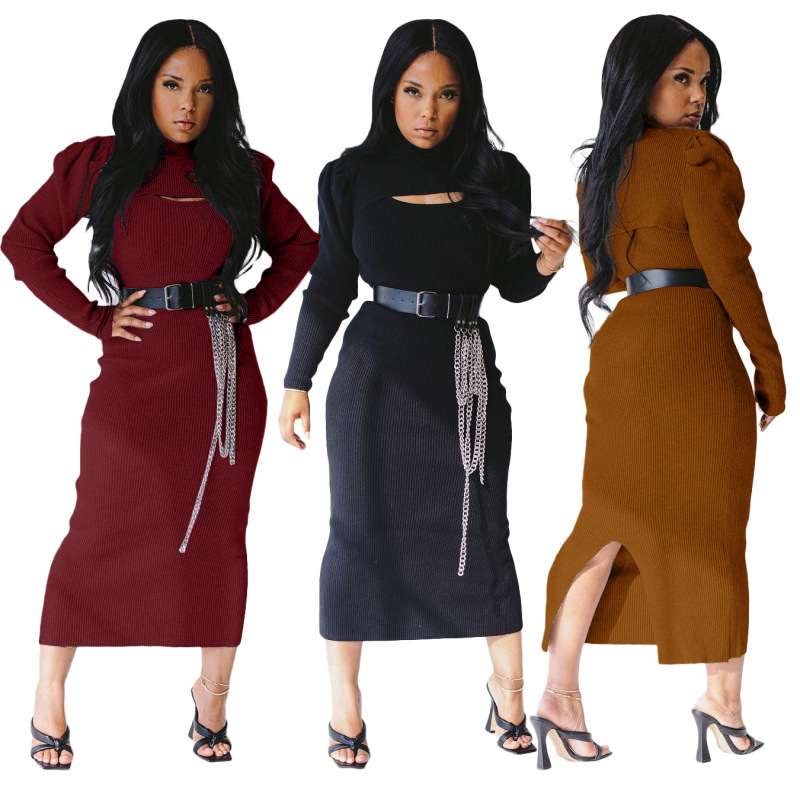 Slit Lantern Sleeve Two Piece Dress