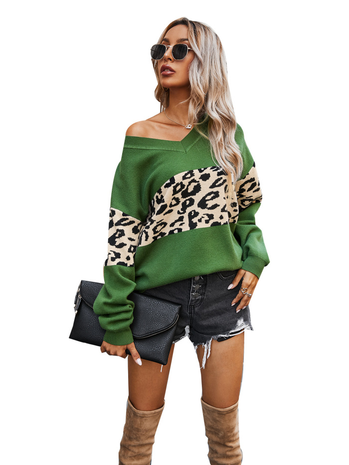 Winter New Products Simple V-neck Color Matching Leopard Sweater Women