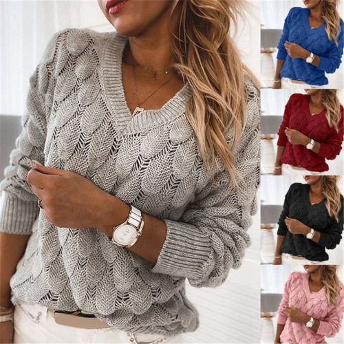 New Style Sweater Knitted Feather Hollow V-neck Long Sleeve Women Sweater 