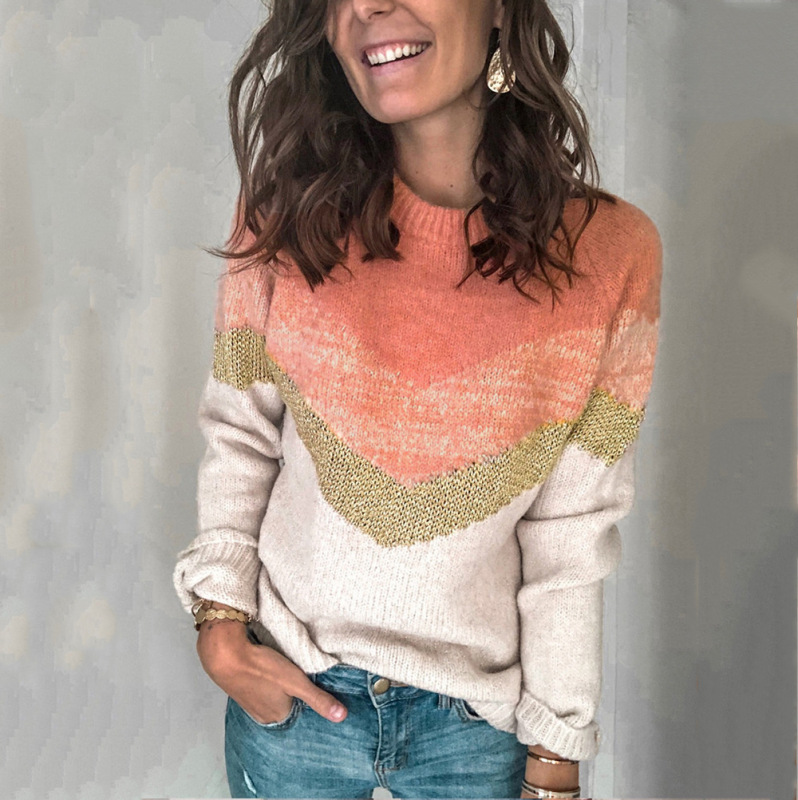 Contrast Stitching Knit Sweater Pullover Round Neck Raglan Sleeve Women Sweater