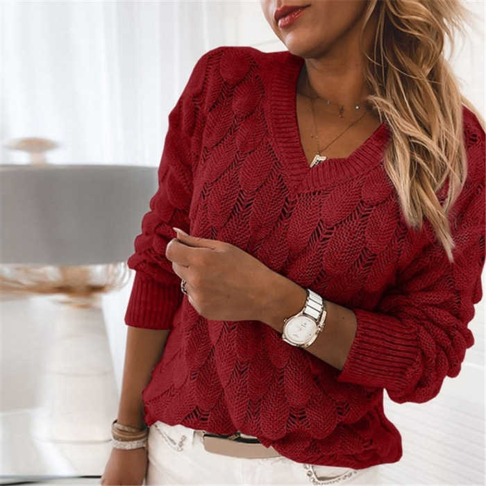 New Style Sweater Knitted Feather Hollow V-neck Long Sleeve Women Sweater 