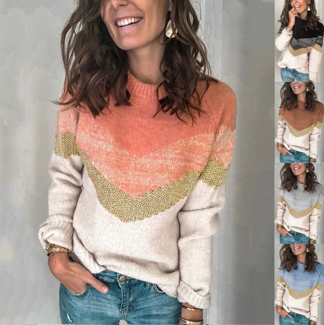 Contrast Stitching Knit Sweater Pullover Round Neck Raglan Sleeve Women Sweater