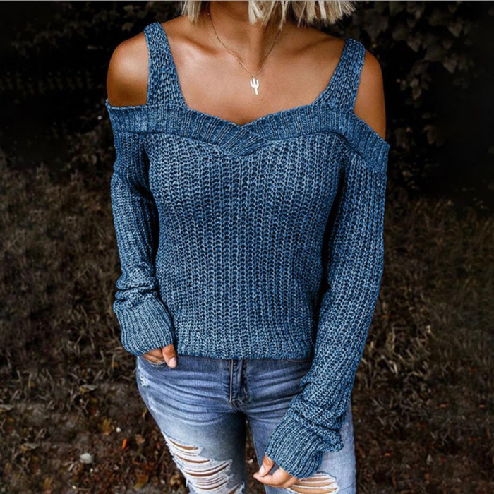 New Sexy Sling Strapless Sweater Solid Color Casual Long-sleeved Sweater