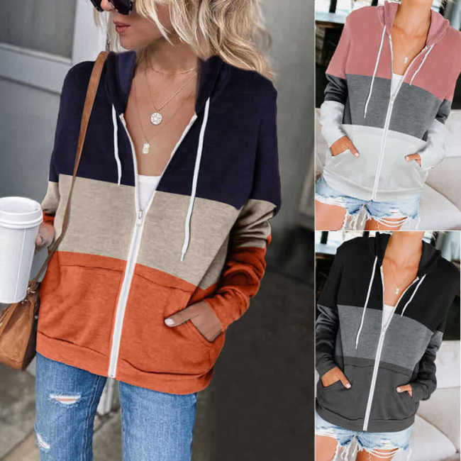 Long-sleeved Contrast Color Hooded Sweater Women's Zipper Pocket Cardigan Jacket